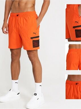 PUMA Orange Men's Athletic Shorts with Black Mesh Pocket. XL